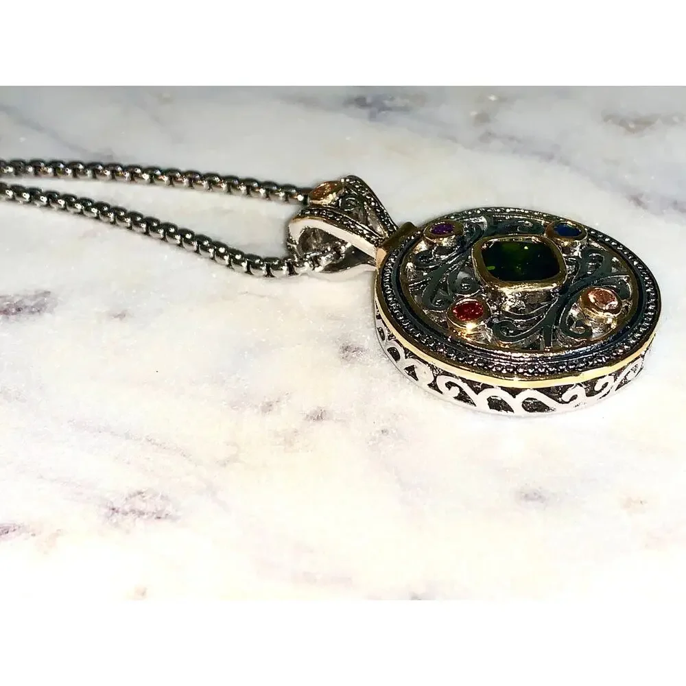 Silver Tone Round Crystal Gemstone Locket Style Scroll Pendant Necklace